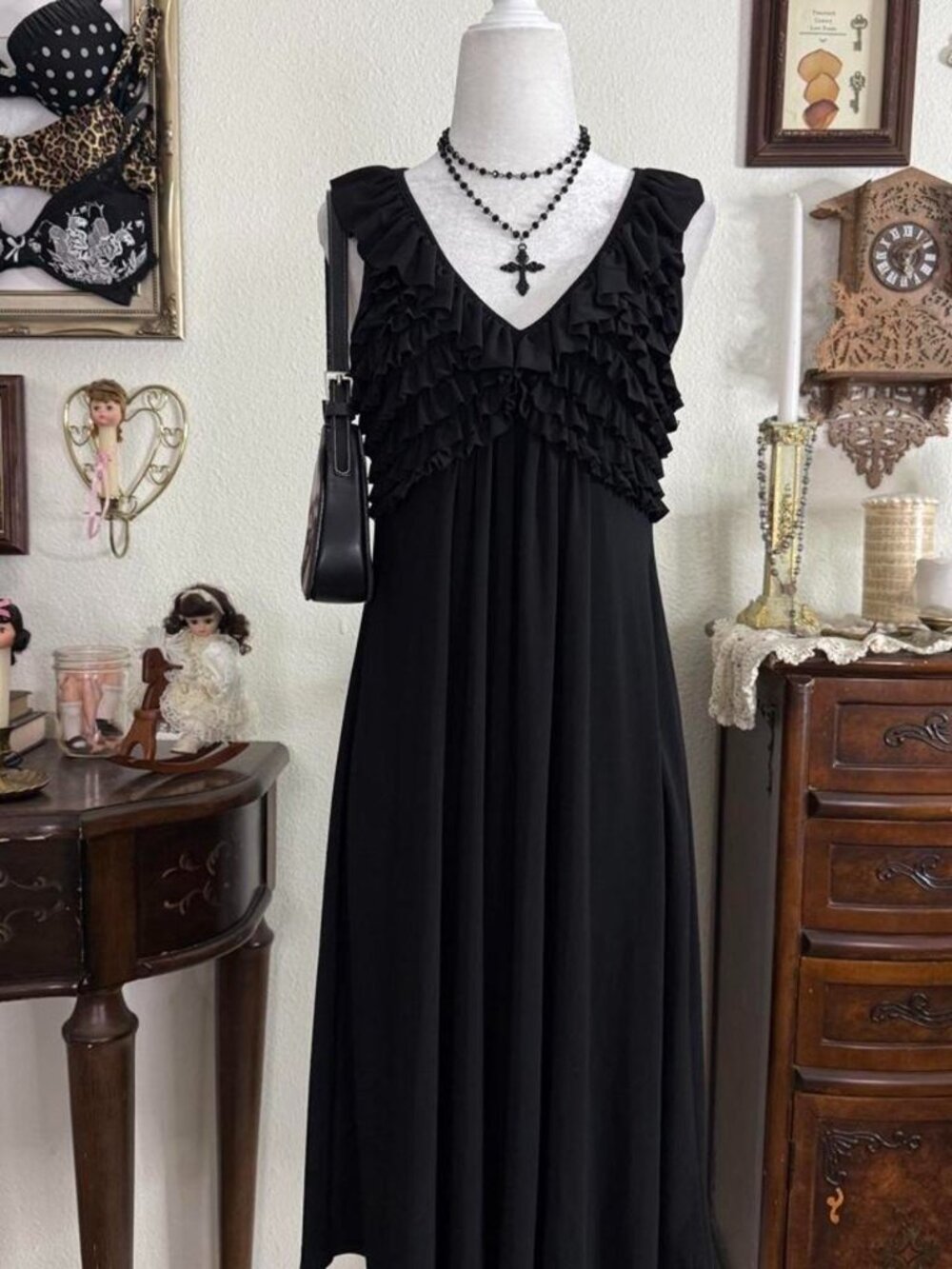 Y2k romantic goth dark fairy grunge ruffled babydoll knee length dress